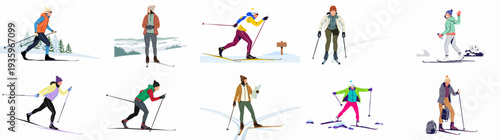 Diverse people enjoying cross-country skiing and winter outdoor activities in snowy landscapes, showcasing active and recreational winter sports.