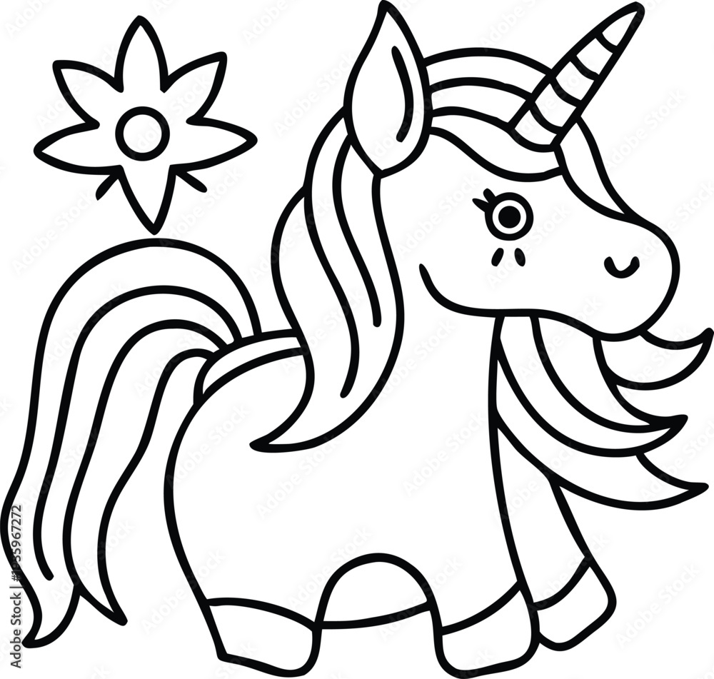 Fototapeta premium Hand Drawn Unicorn Coloring Book Illustration for Kids Printable Cute Fantasy Art Page