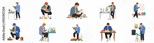 Young men exploring diverse scientific fields: biology, chemistry, geology, botany, and astronomy, depicting active learning and research.