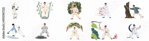 Collection of illustrations depicting men practicing Tai Chi in harmony with nature, promoting peace, balance, wellness, and traditional Chinese martial arts.
