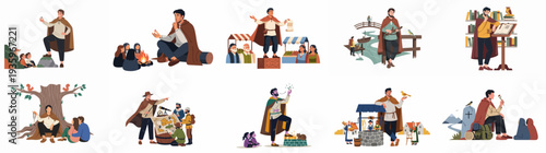 An illustrated saga of a mysterious cloaked figure, a storyteller and adventurer, exploring medieval and fantasy worlds, sharing wisdom and enchanting tales.