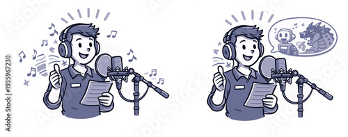 Voice Actor Recording Dialogue in Studio with Microphone and Headphones Cartoon Vector Illustration