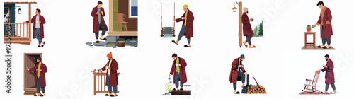 Men in comfortable bathrobes enjoying cozy home life, morning routines, and serene moments outdoors with hot beverages, illustrating relaxation and domestic comfort.