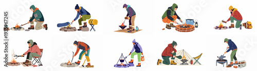 People building and enjoying campfires, cooking, and relaxing outdoors in various winter and autumn settings, flat vector illustration set.