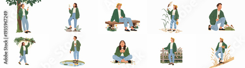 Outdoor lifestyle collection: People finding joy and connection with nature, from picking flowers and exploring forests to relaxing by ponds, in vibrant illustrations.
