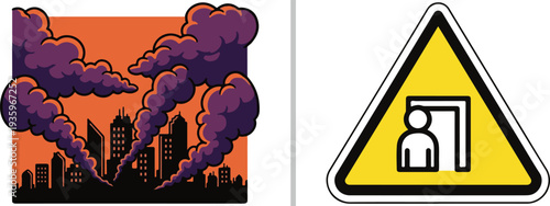 Urban catastrophe vector set featuring dense purple smoke plumes rising over a city skyline and a yellow triangular hazard sign depicting a person in a doorway.