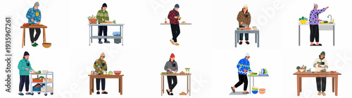 Diverse group of people engaged in healthy food preparation, showcasing various cooking tasks like chopping, peeling, and washing fresh vegetables in a cozy kitchen setting.