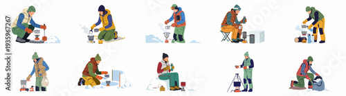 Illustrations of winter adventurers preparing meals and hot drinks in snowy environments using portable camping stoves, melting snow for hydration and warmth outdoors.