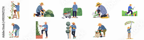 Diverse gardeners engaged in various outdoor tasks, including pruning roses, trimming hedges, planting, raking, and maintaining lush landscapes with essential tools.