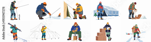 Winter Expedition and Arctic Research Activities in Snowy Environment Vector Illustration Set