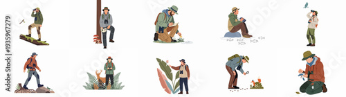 Nature explorers and wildlife observers: A collection of people engaged in outdoor scientific study, birdwatching, animal tracking, and plant identification.