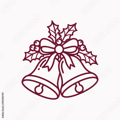 Christmas bells with holly leaves and bow decoration for festive season celebration.