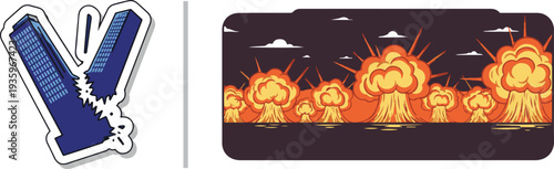 Vector art set depicting various stages of violent detonation, including a grenade explosion, a sharp white blast, a snapped skyscraper, and a series of nuclear mushroom clouds.