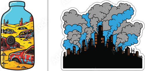 Two vector stickers: a blue water bottle stuck in cracked, dry earth representing drought, and a massive colorful explosion over a city skyline symbolizing urban disaster.