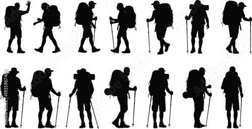 Hikers silhouettes with backpacks and trekking poles, mountain trekking adventure people set, hiking expedition travelers illustration collection