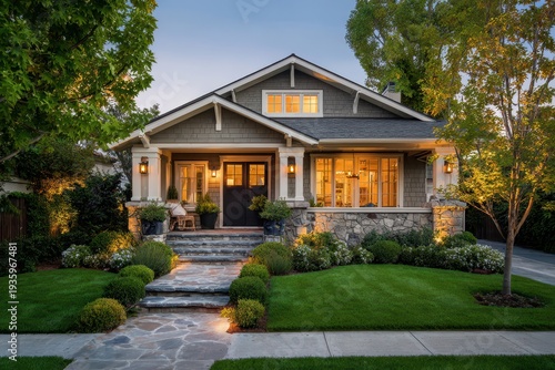 Warm interior light spills through large windows of a suburban house at dusk