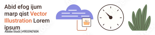 Data storage, technology, productivity, time tracking, nature, minimalism. Visual includes a cloud with document icon, clock text and grass. Data storage and time tracking concepts