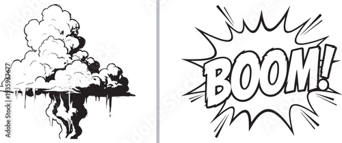 Two monochrome comic-style stickers: a dense, billowing storm or smoke cloud with dripping residue, and a classic jagged speech bubble containing the bold, action-oriented text "BOOM!".