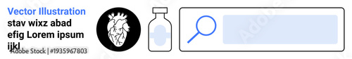 Healthcare, medical research, cardiology, pharmaceuticals, data search, online tools. Human heart graphic, medicine bottle magnifying glass search bar. Medical research and healthcare technology