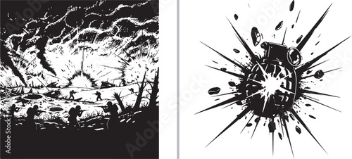 Two gritty monochrome vector illustrations: a wide-angle shot of soldiers traversing a chaotic, cratered battlefield under heavy fire, and a close-up of a grenade at the moment of detonation.