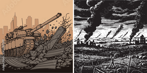 A powerful vector set depicting a tank crushing debris in a desert city and a gritty black-and-white battlefield under a dark, smoke-filled sky with falling shells.