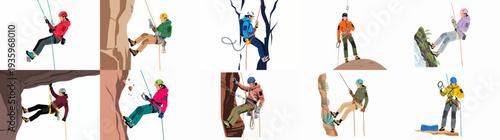 Diverse individuals engaged in rappelling and abseiling across various challenging outdoor environments, showcasing extreme sports, adventure, and safety.