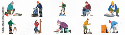 Outdoor survival skills and essential camping activities illustration set, depicting first aid, exploration, and wilderness preparedness.