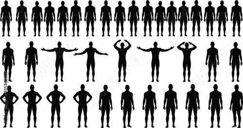 Male body silhouettes collection with different poses, human anatomy reference figures, standing man posture set illustration