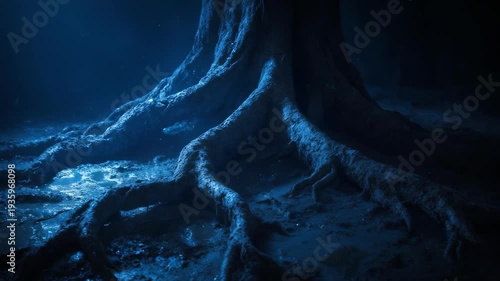 Mysterious Tree Roots in Dark Forest.