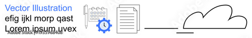 Technology, cloud computing, data storage, workflow management, synchronization, digital services. Document icons, gear cloud outline. Cloud computing and data storage