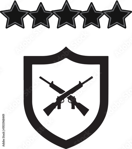 A black silhouette vector featuring a series of five stars aligned horizontally above a shield containing two crossed rifles, representing military excellence or marksmanship.