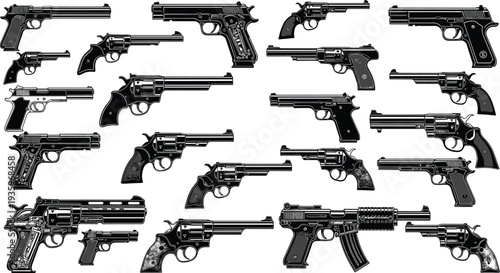 Handgun and revolver silhouette collection, detailed firearm pistol set, tactical weapon illustrations isolated vintage and modern gun design elements set