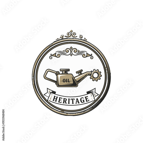 Vintage Oil Can Emblem with Heritage Label and Decorative Elements.