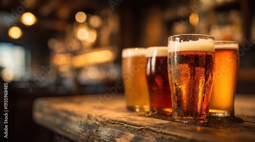 Draught beer in tall glasses on a rustic bar with foamy heads