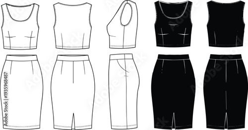 Women crop top and pencil skirt fashion templates, front back side views clothing set, female outfit design illustration