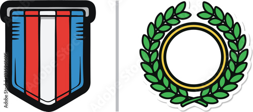 Two military vector stickers: a shield badge featuring red, white, and blue vertical stripes, and a gold circular frame enclosed by a vibrant green laurel wreath crown.