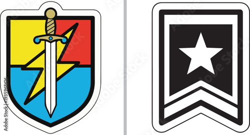 Military vector art featuring a colorful shield with a sword and lightning bolt alongside a black and white chevron insignia badge with a central white star.