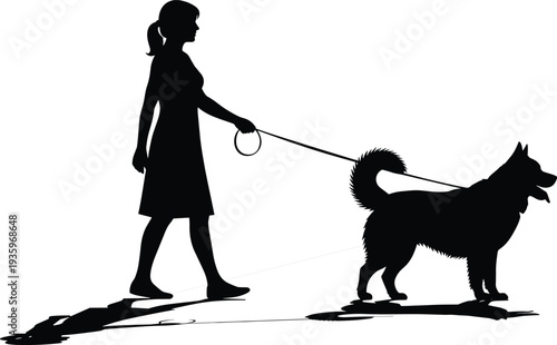 Woman walking dog silhouette, female pet owner with leash walking canine companion outdoor lifestyle illustration isolated design