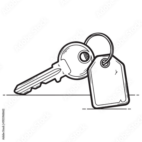 Hand-drawn metal house key with blank identification tag on a keyring resting on a flat surface, representing home ownership, real estate security, and property management in clean line art.