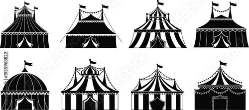Circus tent silhouette collection, carnival festival big top tents set, vintage fair entertainment illustration isolated design element