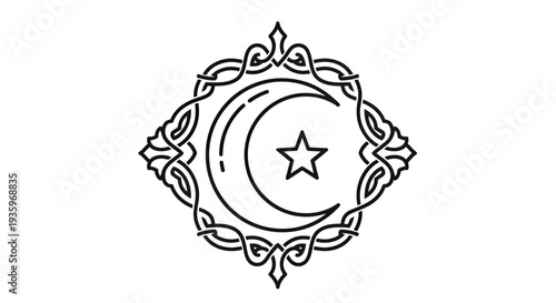 Islamic Crescent Moon and Star Symbol with Ornate Border