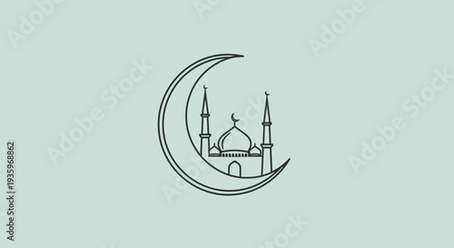 Crescent moon with mosque silhouette, Islamic symbol, minimalist line art