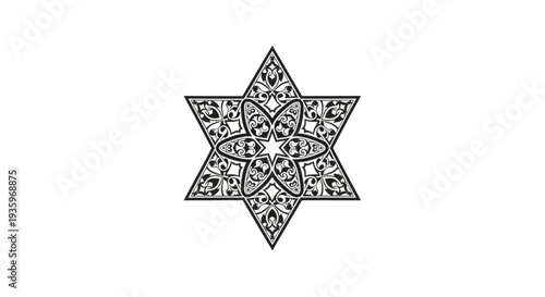 Intricate Star of David with Floral Ornate Pattern, Black and White