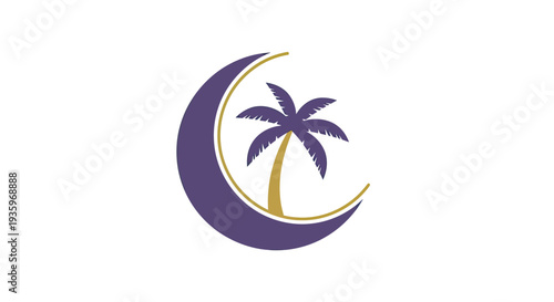 Crescent moon with palm tree silhouette, night sky concept, vector logo
