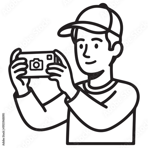 Minimalist line art illustration of a young man wearing a baseball cap taking a photo with a compact camera, capturing memories and creative moments in a clean black and white cartoon style.