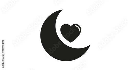 Crescent Moon and Heart Icon Vector Graphic