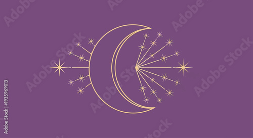 Celestial crescent moon with radiating stars and constellations on a purple background