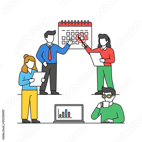 Team planning project timeline using wall calendar board.