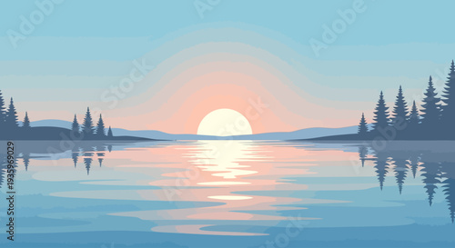 Sunset over calm peaceful serene lake.