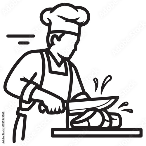 Professional male chef in uniform slicing ingredients with a sharp knife on a cutting board, minimalist black and white line art vector illustration for restaurant branding and culinary blog.